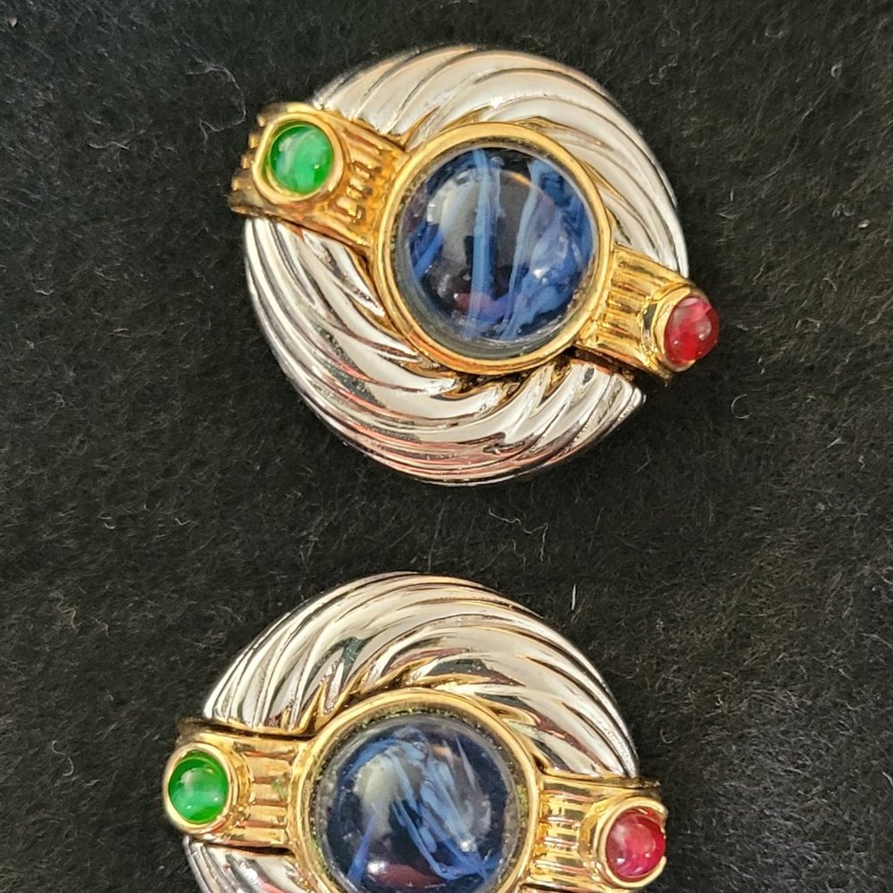 IVANA vintage GRIPOIX GEMSTONE cabochon clip on EARRINGS Gold Silver Tone